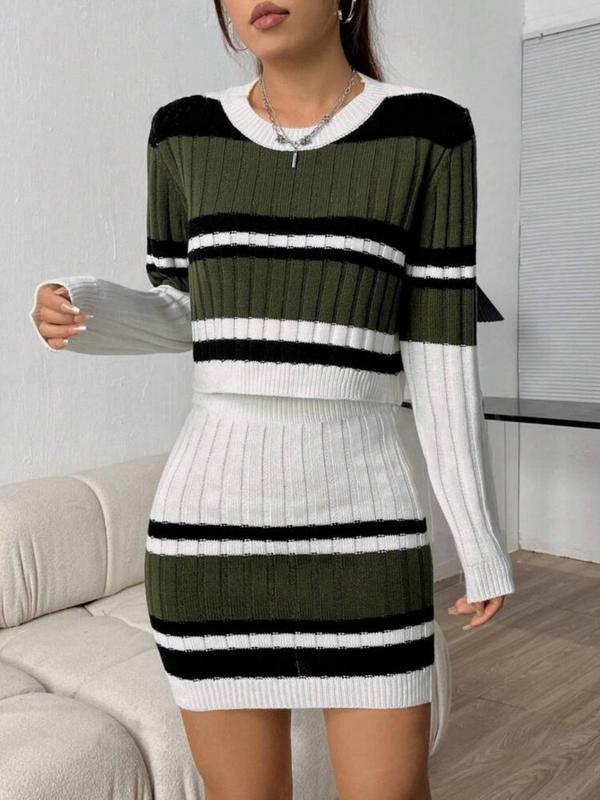 Women's Colorblock Striped Print Crew Neck Sweater & Bodycon Skirt Two-piece Set, Casual Fashion Cozy Knitwear Set for Daily Outdoor Wear, Women Knitwear for Spring & Fall