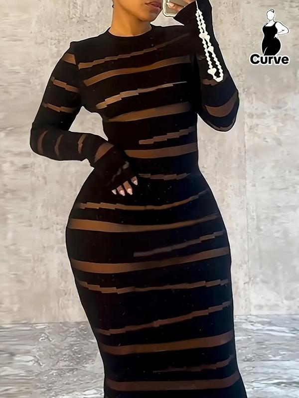 Plus Size Striped Print Round Neck Bodycon Dress, Women's Long Sleeve Bodycon Dress for Party Club Wear, Ladies Plus Size Clothes for Summer