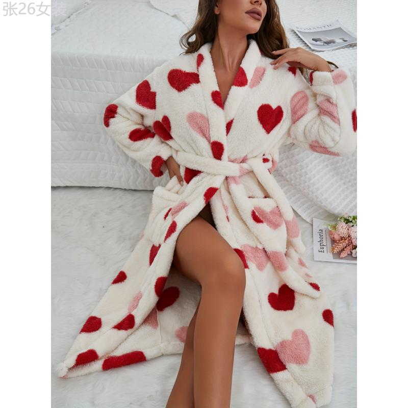 Cozy Heart Print Fleece Robe for Women - Thick, Warm V-Neck Lounge Dress with Belt, Perfect for Fall Winter Collar Fabric