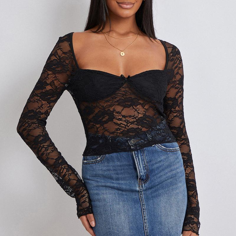 Women Lace Long Sleeve Shirt Top Y2K Slim Fit Crop Top Sexy Lace Low Cut Top Tee Club Streetwear