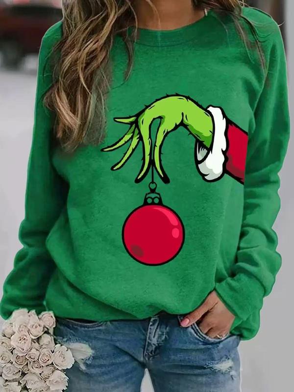 Women's Cartoon Christmas & Letter Print Drop Shoulder Sweatshirt,Casual Long Sleeve Round Neck Pullover for Daily Wear, Ladies Clothes for All Seasons