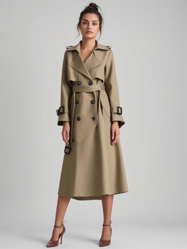 Women's Solid Double Button Belted Trench Coats, Elegant Lapel Neck Long Sleeve Coat for Fall, Winter Wear Casual Wear , Women's Outerwear for Daily Wear