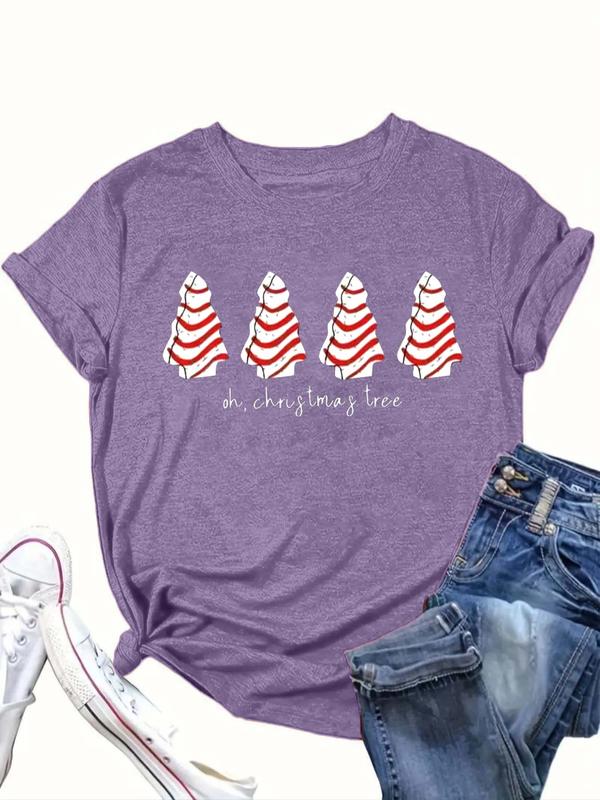  Christmas Tree Print Round Neck Tee, Casual Short Sleeve Crew Neck T-shirt for Daily Wear, Women Clothing for All Seasons