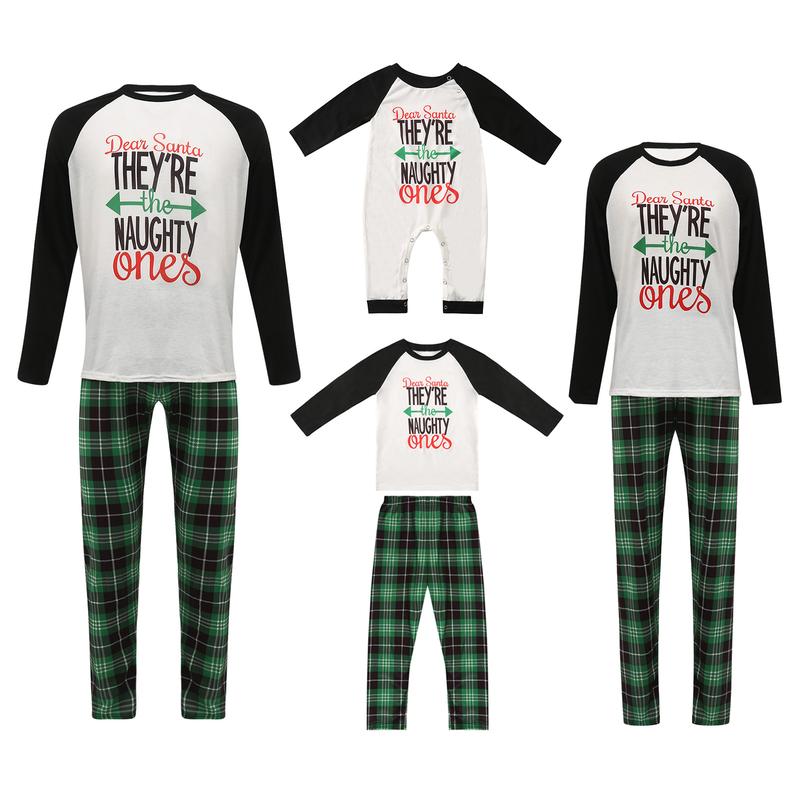 Family Matching Christmas Pajamas Set, Long Sleeve Letter Raglan Tops + Plaid Pants Set Loungewear