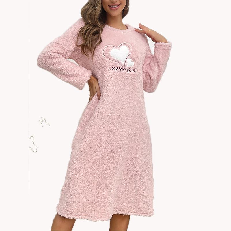 2024 Autumn and Winter Pink Love Flannel Long-Sleeved Thickened Nightdress Pullover Mid-Length Cute Loungewear