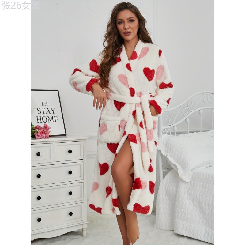 Cozy Heart Print Fleece Robe for Women - Thick, Warm V-Neck Lounge Dress with Belt, Perfect for Fall Winter Collar Fabric