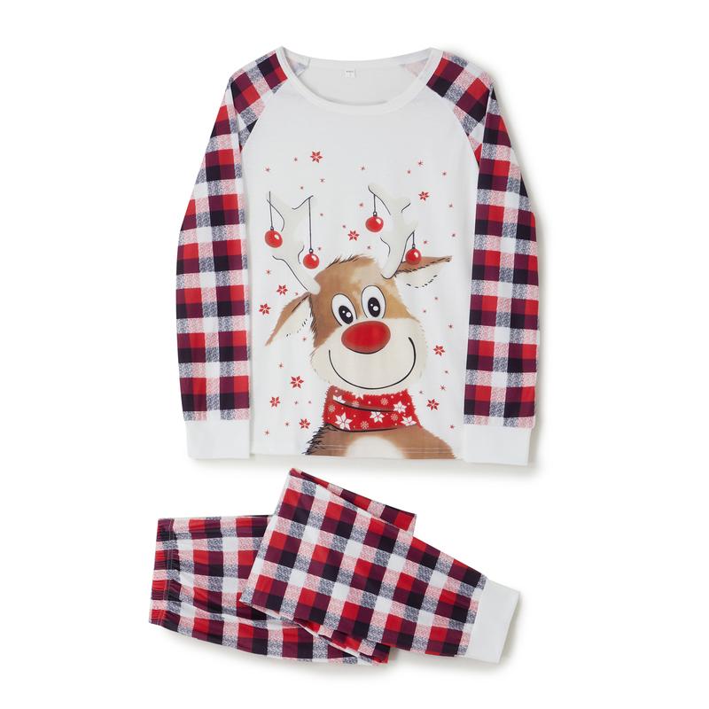 Matching Christmas Pajamas For Family ,Cartoon Elk Plaid Print Holiday Pajamas