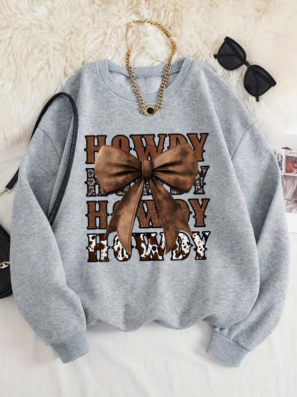 Women's Bowknot Print Crew Neck Sweatshirt, Casual Long Sleeve Pullover for Fall & Winter, Women's Clothes for Daily Wear