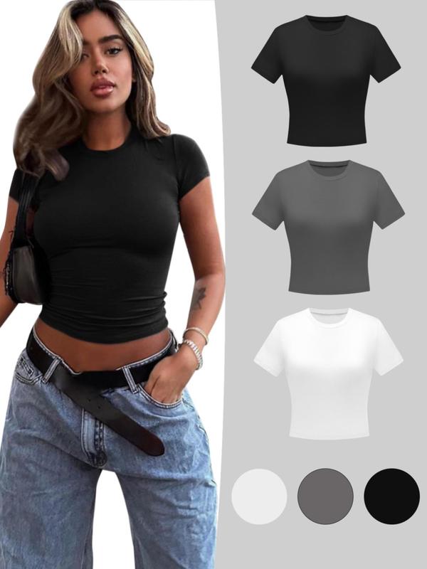 Women's Plain Round Neck Tee, Casual Short Sleeve Crew Neck T-Shirt for Summer, Ladies Clothes for Daily Wear