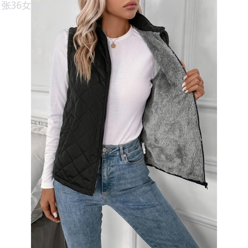 Quilted Solid Zipper Vest - Ultra-Warm, Versatile, Sleeveless Winter Outwear for Women - Perfect for Cold Weather, Outdoor Activities, and Daily Life Collar Fabric