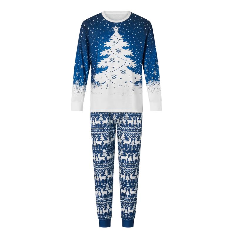 Blue Christmas Pajamas for Family Snowflake Tree Print Long Sleeve Crew Neck Tops + Pants Set Sleepwear