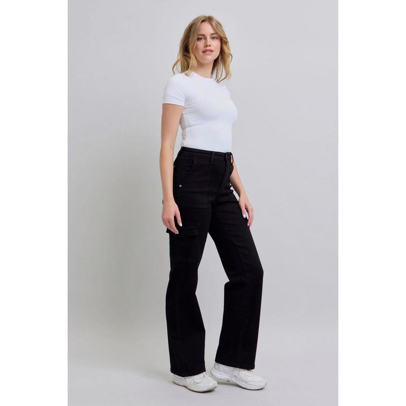 JUDY BLUE HI WAIST BLACK CARGO WIDE LEG JEANS