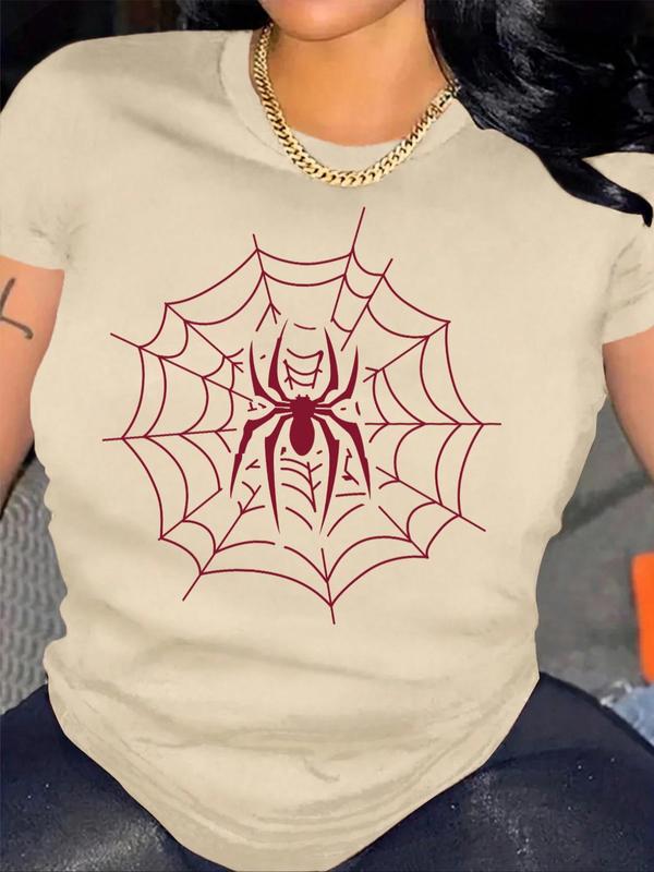 Women's Spider Web Print Round Neck Tee, Casual Short Sleeve Crew Neck T-shirt for Summer, T Shirts for Women, Fashion Women's Top for Daily Wear, Graphic Tees, Tops for Women Birthday Gifts