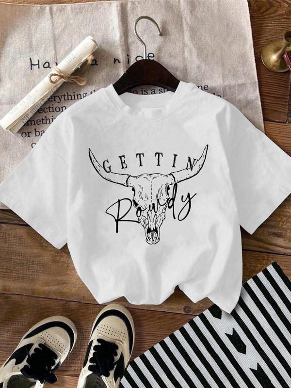 Women's Bull Head & Letter Print Round Neck Tee, Fashion Casual Drop Shoulder Short Sleeve T-shirt, Ladies Summer Clothes for Daily Wear