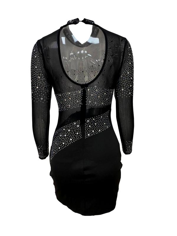 Women's Rhinestone Decor Backless Sheer Bodycon Dress, Fashion Long Sleeve Mock Neck Mini Dress for Party Club Dating Wear, Birthday Dresses 2024, Christmas Party Dress, Ladies Dress for All Seasons Fall Wedding Guest Dress