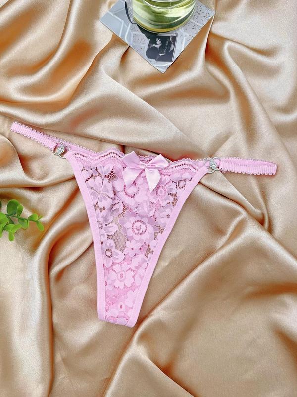 Women's Bow Decor Lace Thong, Ring Linked Panty, Elegant Comfy Knicker for All Seasons, Breathable Womenswear