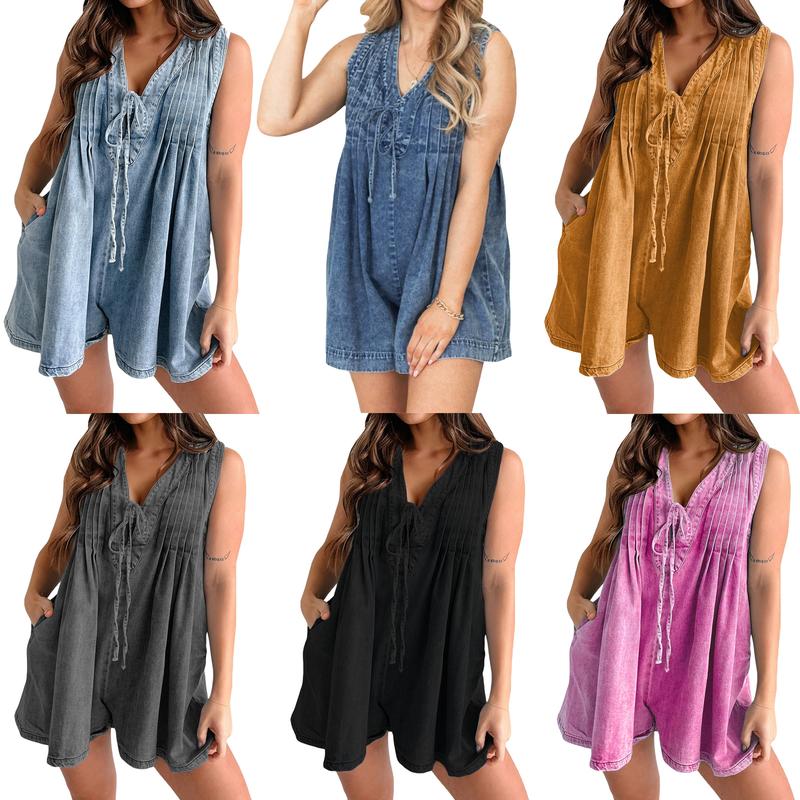 Women Summer Sleeveless Shorts Denim Jumpsuit Loose Tie Up Pleated Romper Casual Deep V Neck  Outfits