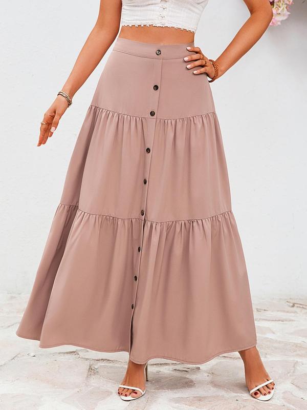 YOZY Women's Solid Fake Buttons A Line Skirt, Casual Ruffle Hem Zipper Back Long Skirt for Beach Holiday Vacation, Ladies Summer Clothes