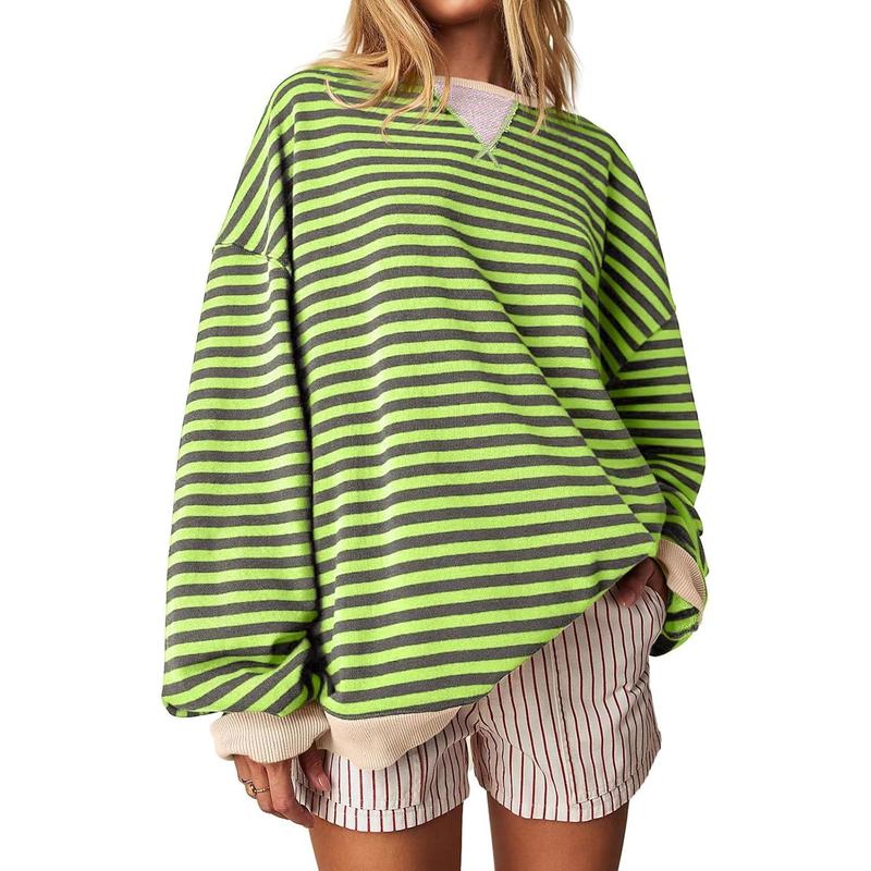  Fisoew Womens Christmas Striped Oversized Sweatshirt Color Block Crew Neck Long Sleeve Shirt Casual Loose Pullover Top Y2K Clothes