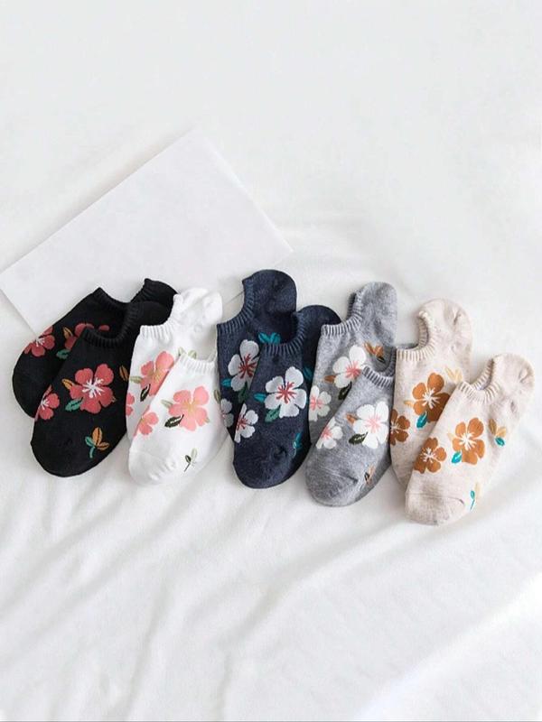 Women's 5 Pairs Floral Print Invisible Socks, Anti-odor Sweat-absorbing Comfortable Breathable Crew Socks, Multipack Low Cut Knit Socks, Women's Socks & Hosiery