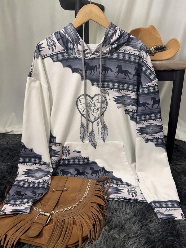 Women's Ethnic Pattern Patchwork Horse Print Drawstring Hoodie, Casual Long Sleeve Drop Shoulder Hooded Sweatshirt for Daily Holiday Outdoor Wear, Ladies Clothes for All Seasons