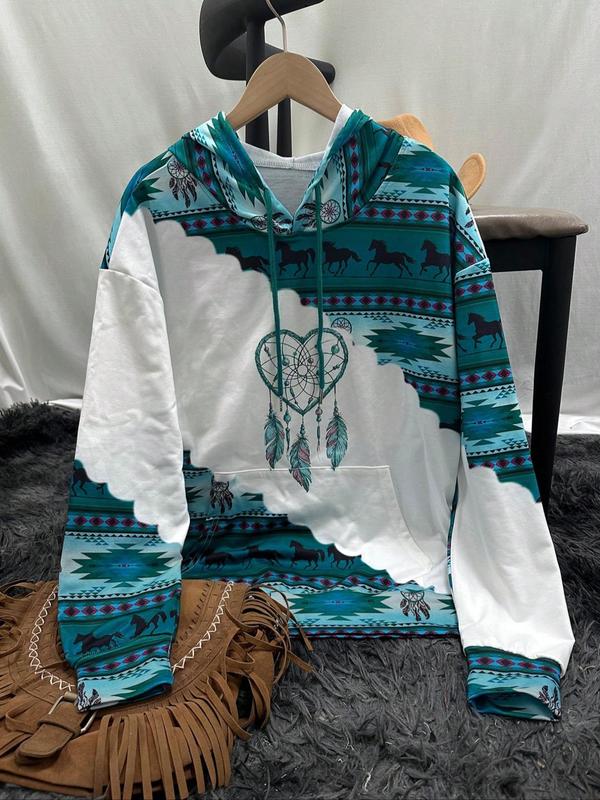 Women's Ethnic Pattern Patchwork Horse Print Drawstring Hoodie, Casual Long Sleeve Drop Shoulder Hooded Sweatshirt for Daily Holiday Outdoor Wear, Ladies Clothes for All Seasons