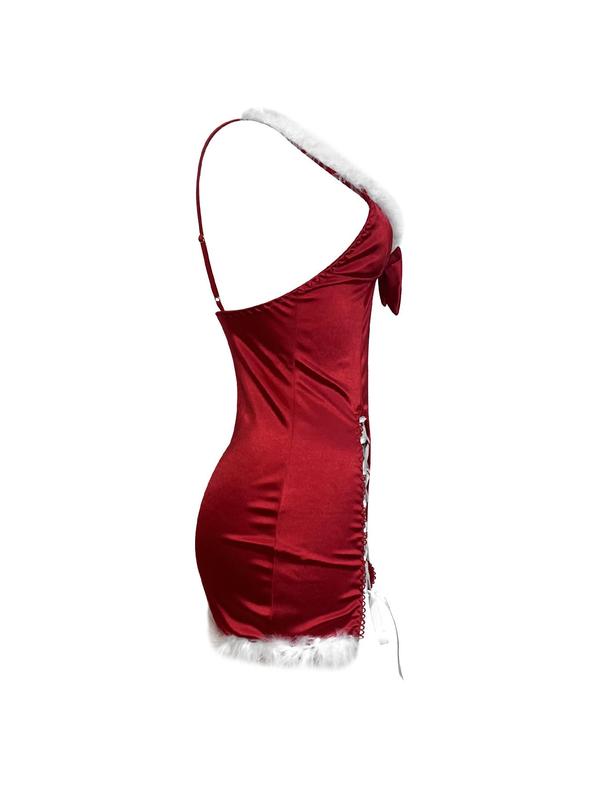 Women's Sexy Santa Claus Costume Set, Cute Bow Decor Lace Up Backless Cami Dress & Headband & Gloves, Women's Lingerie & Underwear for Party Holiday