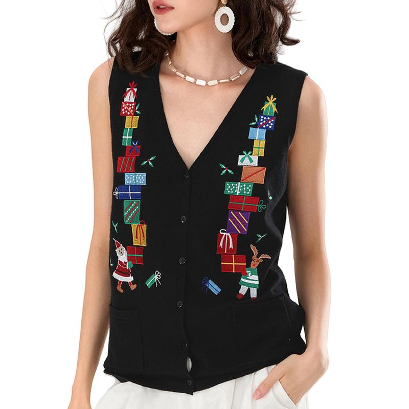 Women Christmas Knit Vest Holiday Graphic Button Sweater Vest Embroidery Santa Print Sleeveless Cardigan Knit V Neck Vest Top Xmas Clothes