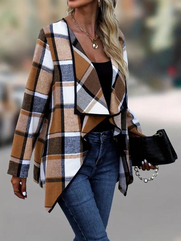 Plus Size Plaid Print Long Sleeve Open Front Jacket, Casual Outerwear for Fall & Winter, Women's Clothes for Daily Wear