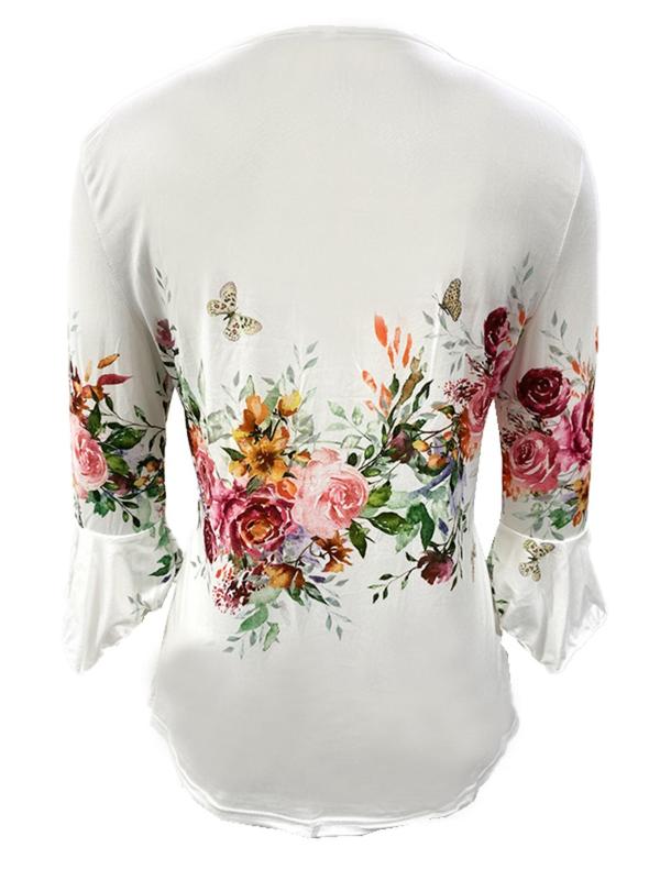 Women's Floral Print Button Front Peplum Tee, Elegant Flounce Sleeve Round Neck Top for Spring & Summer, Women's Clothing for Daily Wear, Graphic Tees, Summer Bohemian Tops