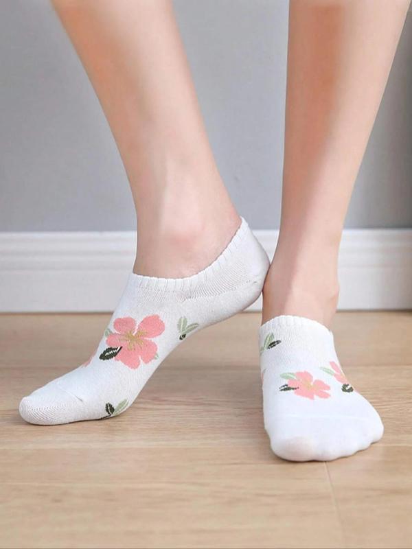 Women's 5 Pairs Floral Print Invisible Socks, Anti-odor Sweat-absorbing Comfortable Breathable Crew Socks, Multipack Low Cut Knit Socks, Women's Socks & Hosiery