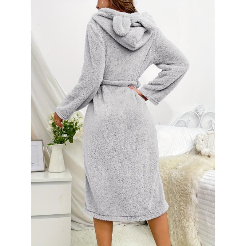 Solid Fuzzy Hooded Night Robe, Cute Long Sleeve Robe With Pockets & Belt, Women's Sleepwear