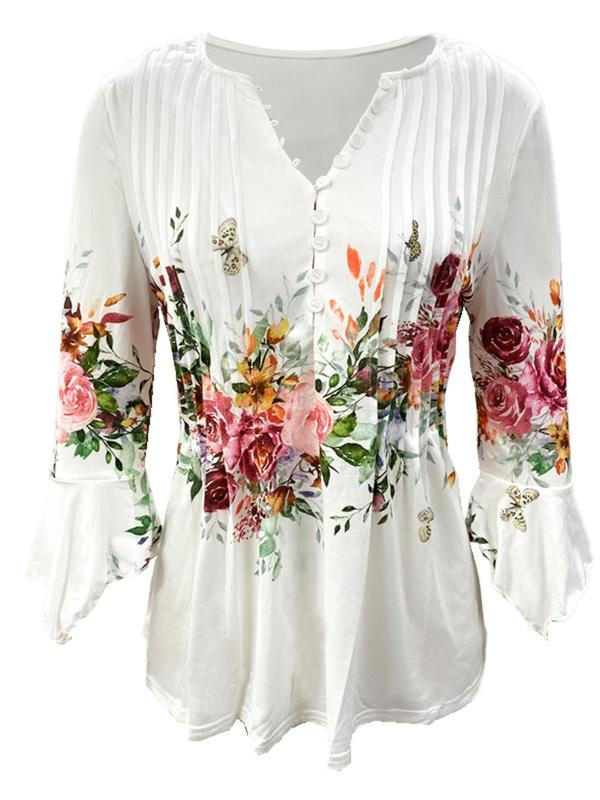 Women's Floral Print Button Front Peplum Tee, Elegant Flounce Sleeve Round Neck Top for Spring & Summer, Women's Clothing for Daily Wear, Graphic Tees, Summer Bohemian Tops