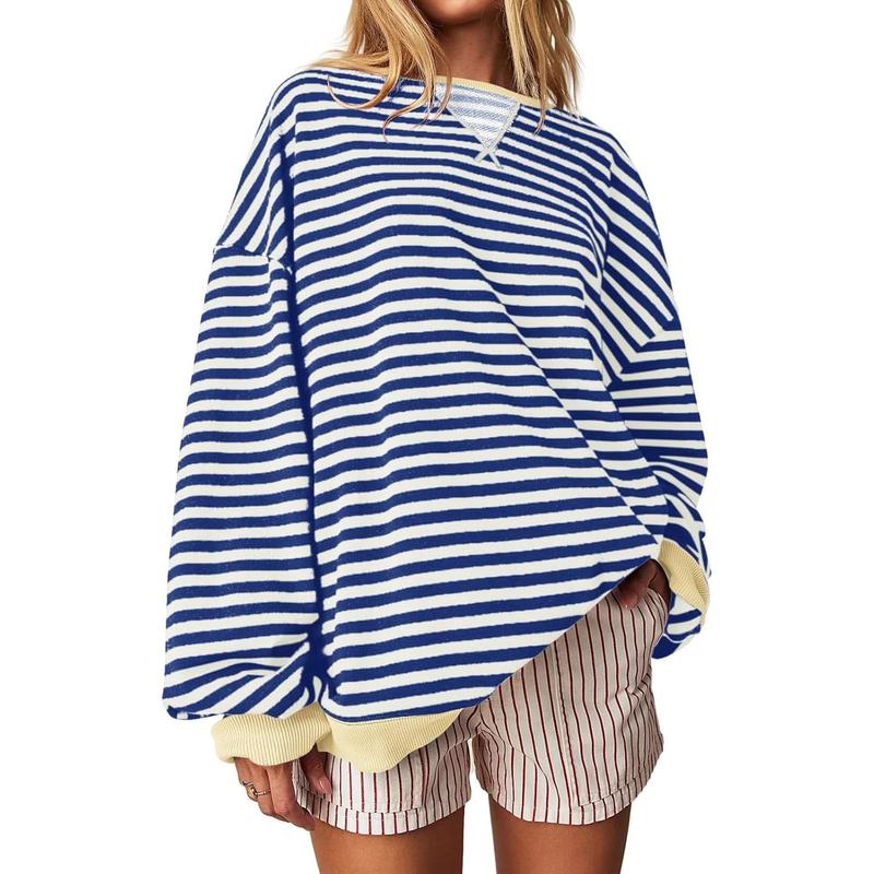  Fisoew Womens Christmas Striped Oversized Sweatshirt Color Block Crew Neck Long Sleeve Shirt Casual Loose Pullover Top Y2K Clothes