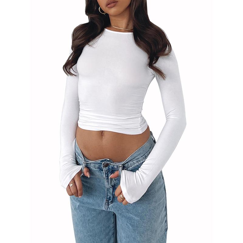 Women´s Autumn Slim Cropped Tops, Solid Color Round-Neck Long Sleeve Show Navel T-Shirt Fashion Womenswear