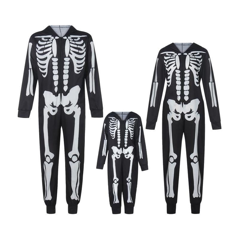 Family Matching Halloween Onesie Pajamas, Funny Skeleton Printed Hooded Zipper PJs Loungewear for Men Women Kids Long Sleeve Sleeve