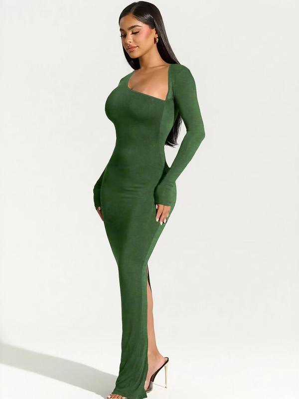 Women's Solid Asymmetrical Neck Split Bodycon Dress, Long Sleeve Maxi Dress for Party Dating Wear, Dresses for Women, Ladies Clothes for All Seasons