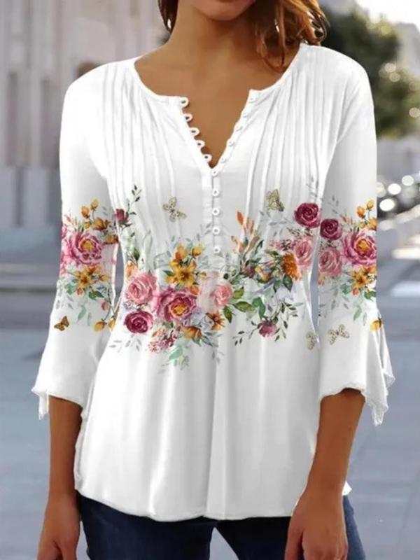 Women's Floral Print Button Front Peplum Tee, Elegant Flounce Sleeve Round Neck Top for Spring & Summer, Women's Clothing for Daily Wear, Graphic Tees, Summer Bohemian Tops