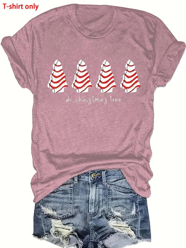  Christmas Tree Print Round Neck Tee, Casual Short Sleeve Crew Neck T-shirt for Daily Wear, Women Clothing for All Seasons