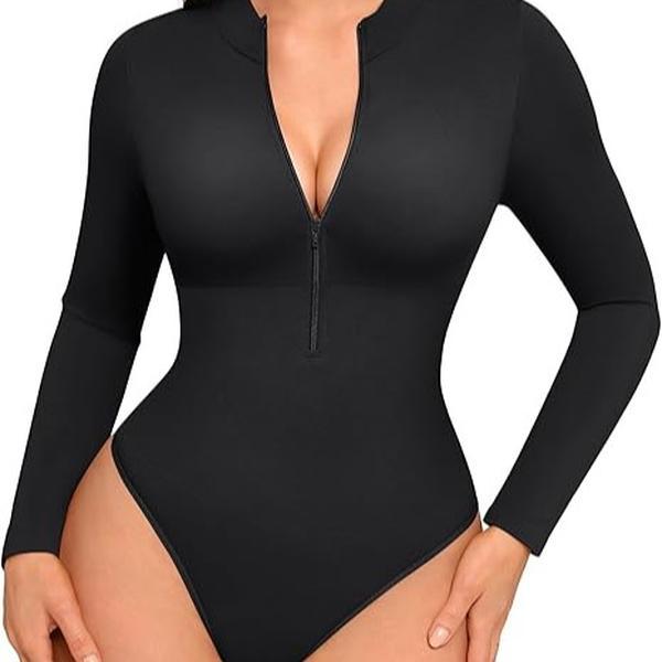 FeelinGirl Long Sleeve Bodysuit for Women Mock Turtle Neck Body Suits Zip Up Design Black Tummy Control Bodysuit Shirts Womenswear Collar Elegant Nylon Comfort