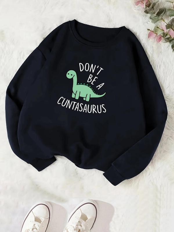 Dinosaur Print Long Sleeve Sweatshirt for Women, Casual Comfort Crewneck Sweatshirt for Lady, 