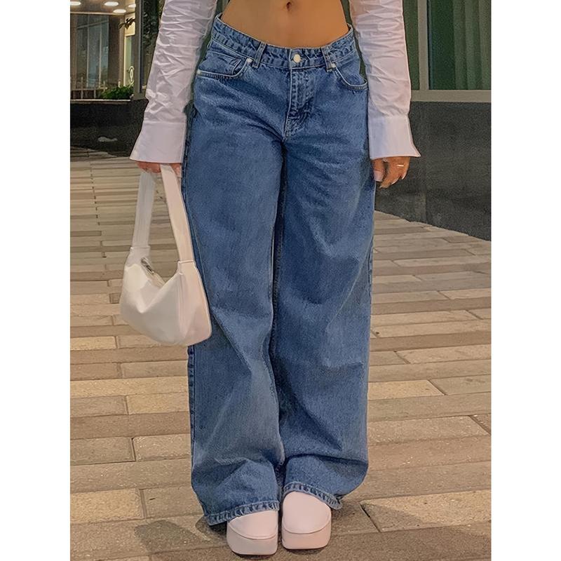 Women's High-Waisted Relaxed Fit Jeans, Straight Leg, Y2K Vintage Style, Blue, Machine Washable, Mom Jeans, 90s Inspired Womenswear Bottom lotus flower