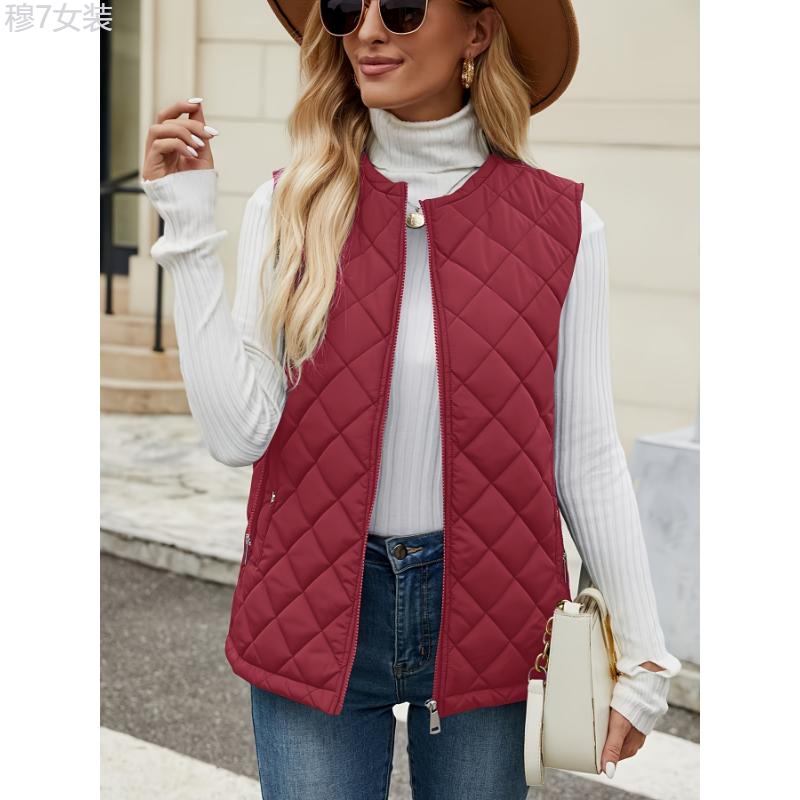 Plus Size Solid Zip Up Warm Vest Jacket, Casual Sleeveless Vest Jacket For Fall & Winter, Women's Plus Size Clothing Collar Womenswear