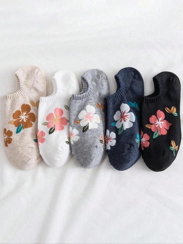 Women's 5 Pairs Floral Print Invisible Socks, Anti-odor Sweat-absorbing Comfortable Breathable Crew Socks, Multipack Low Cut Knit Socks, Women's Socks & Hosiery