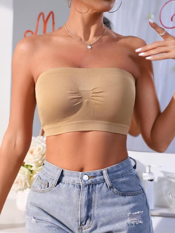 Women's Ruched Hollow Out Wireless Bandeau Bra, Solid Color Breathable Comfortable Seamless Lingerie Top for Daily Wear, Underwear for All Seasons