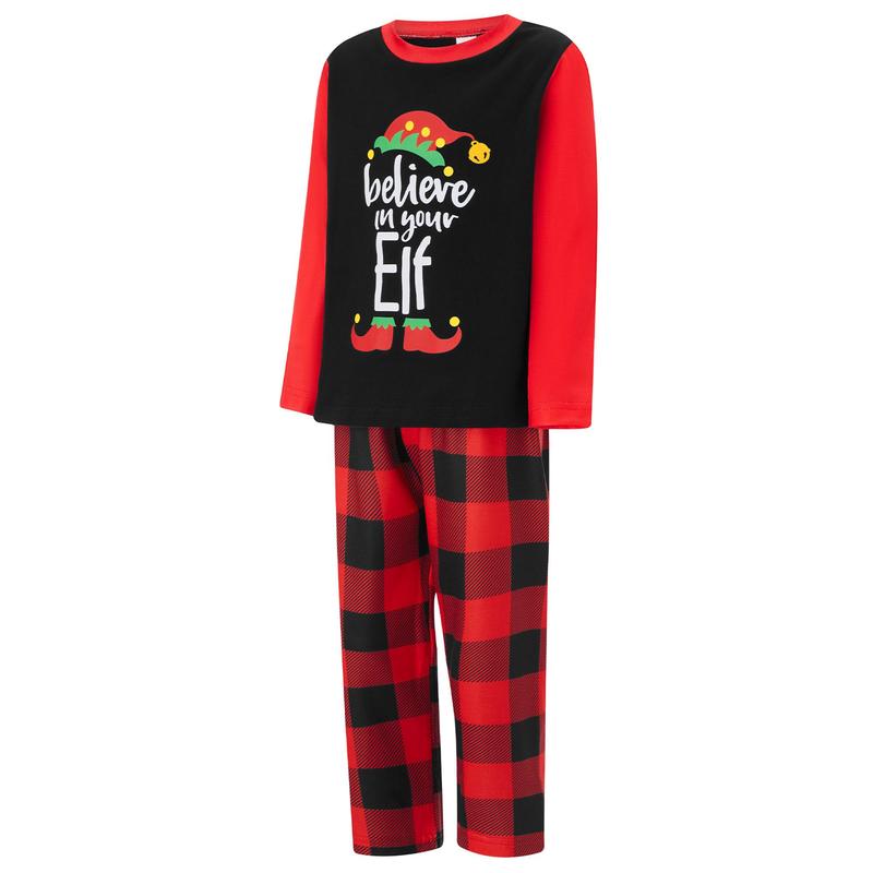 Matching Christmas Pajamas For Family Long Sleeve Elf Print Tops + Plaid Pants Set Loungewear