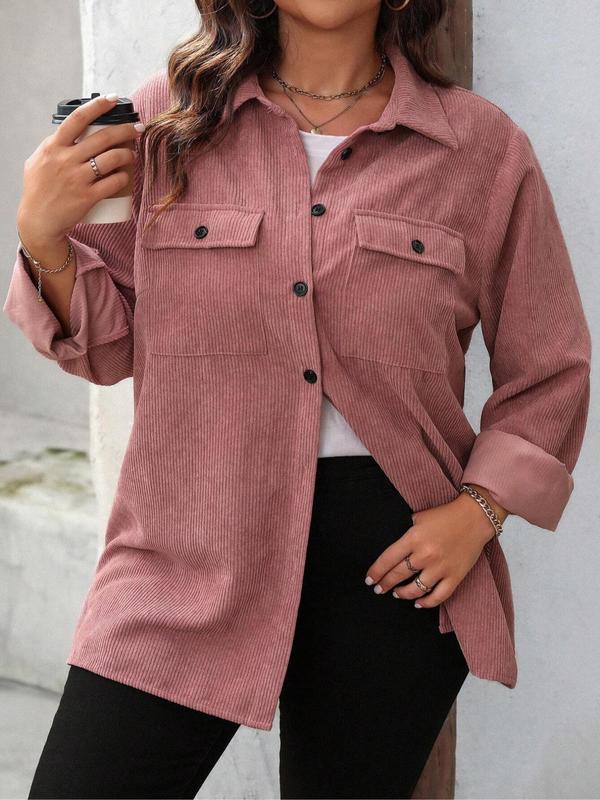 Solid Button Front Pocket Corduroy Jacket, Casual Long Sleeve Collared Outerwear for Fall & Winter, Women's Clothes for Daily Wear