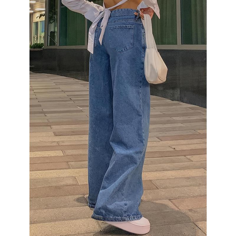 Women's High-Waisted Relaxed Fit Jeans, Straight Leg, Y2K Vintage Style, Blue, Machine Washable, Mom Jeans, 90s Inspired Womenswear Bottom lotus flower