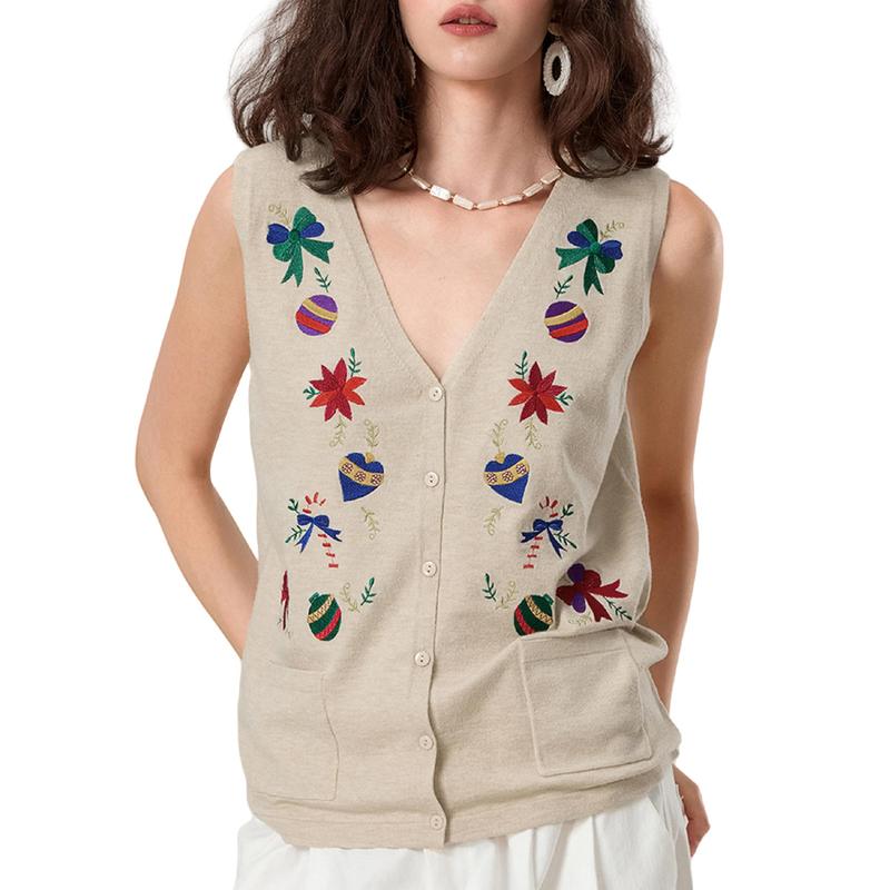 Women Christmas Knit Vest Holiday Graphic Button Sweater Vest Embroidery Santa Print Sleeveless Cardigan Knit V Neck Vest Top Xmas Clothes