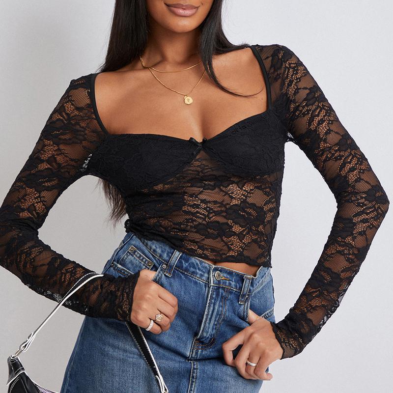 Women Lace Long Sleeve Shirt Top Y2K Slim Fit Crop Top Sexy Lace Low Cut Top Tee Club Streetwear